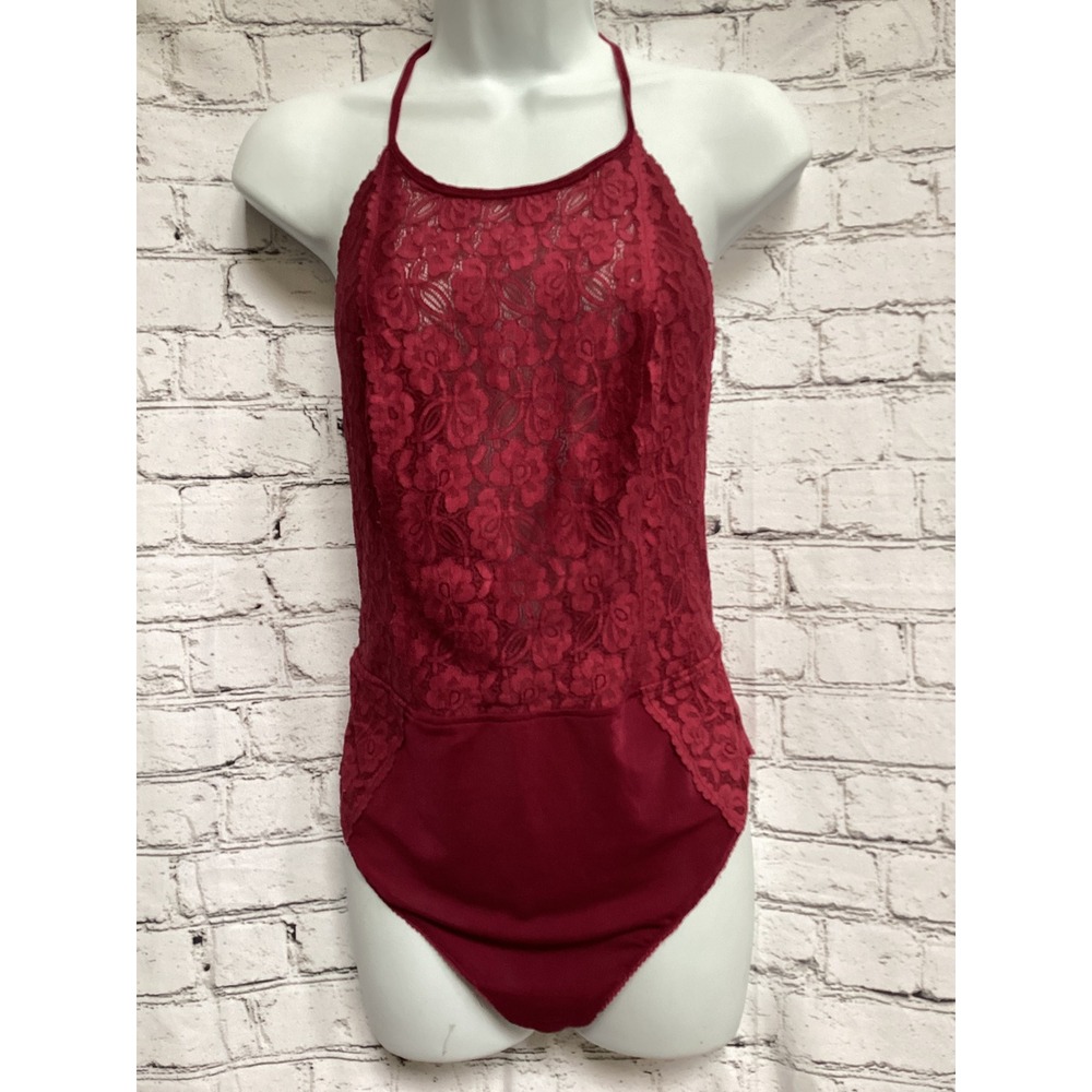Intimately Free People Burgundy Lace Halter Bodysuit Open Back Thong Small
